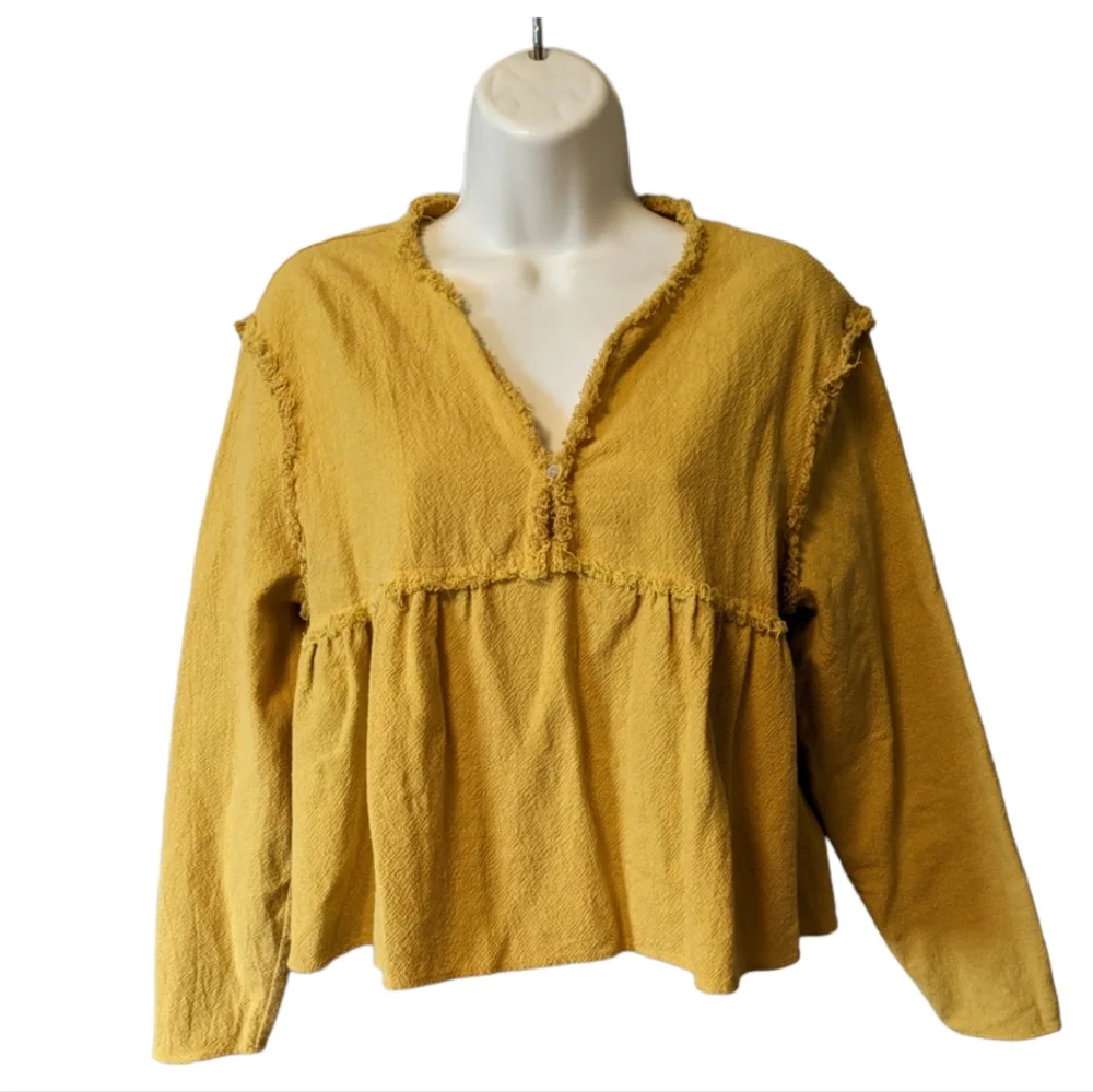 Zara Boho Crop Top Yellow Mustard Babydoll Long Sleeve Sz. L